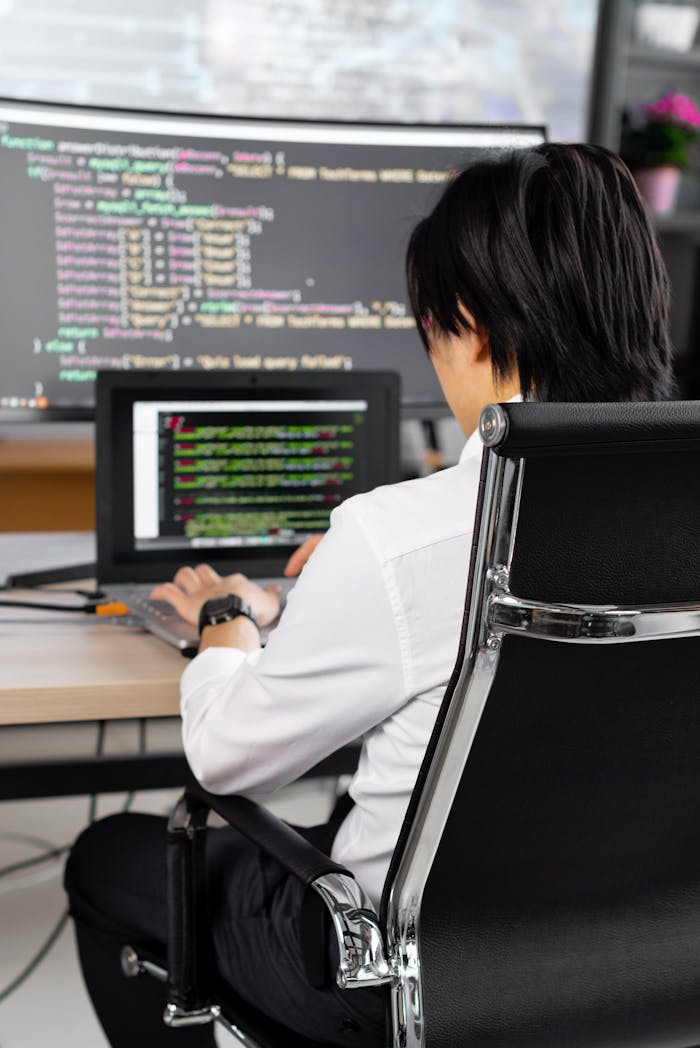 services-01 Professional software developer writing code at a desk in a modern office environment.